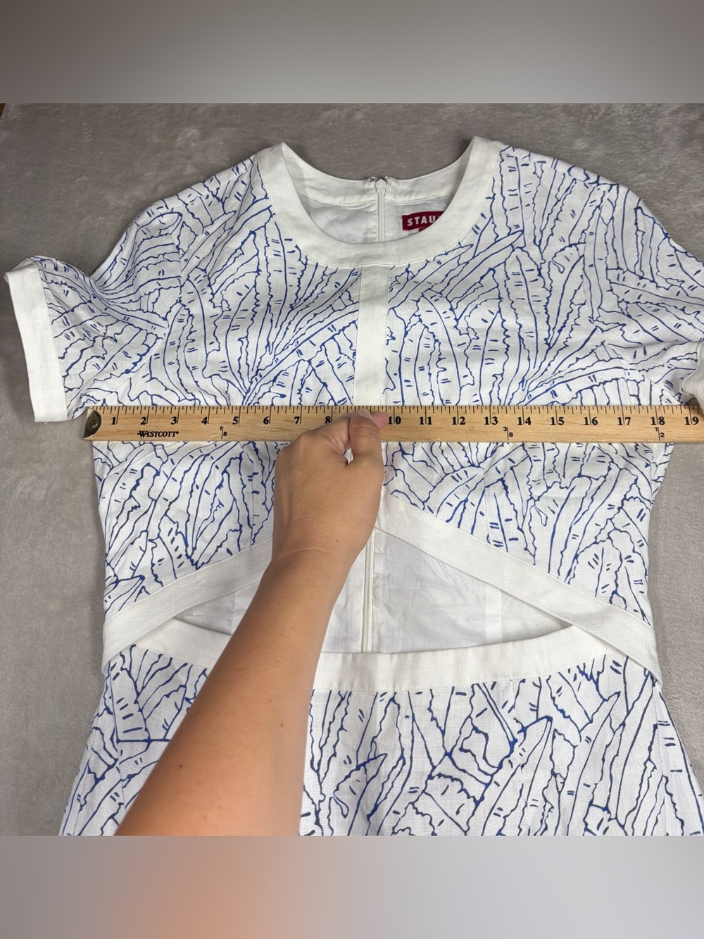 Staud Perla Blue White Palm Linen Cut Out Preppy Short Sleeve Cocktail Dress 10 - Picture 8 of 16
